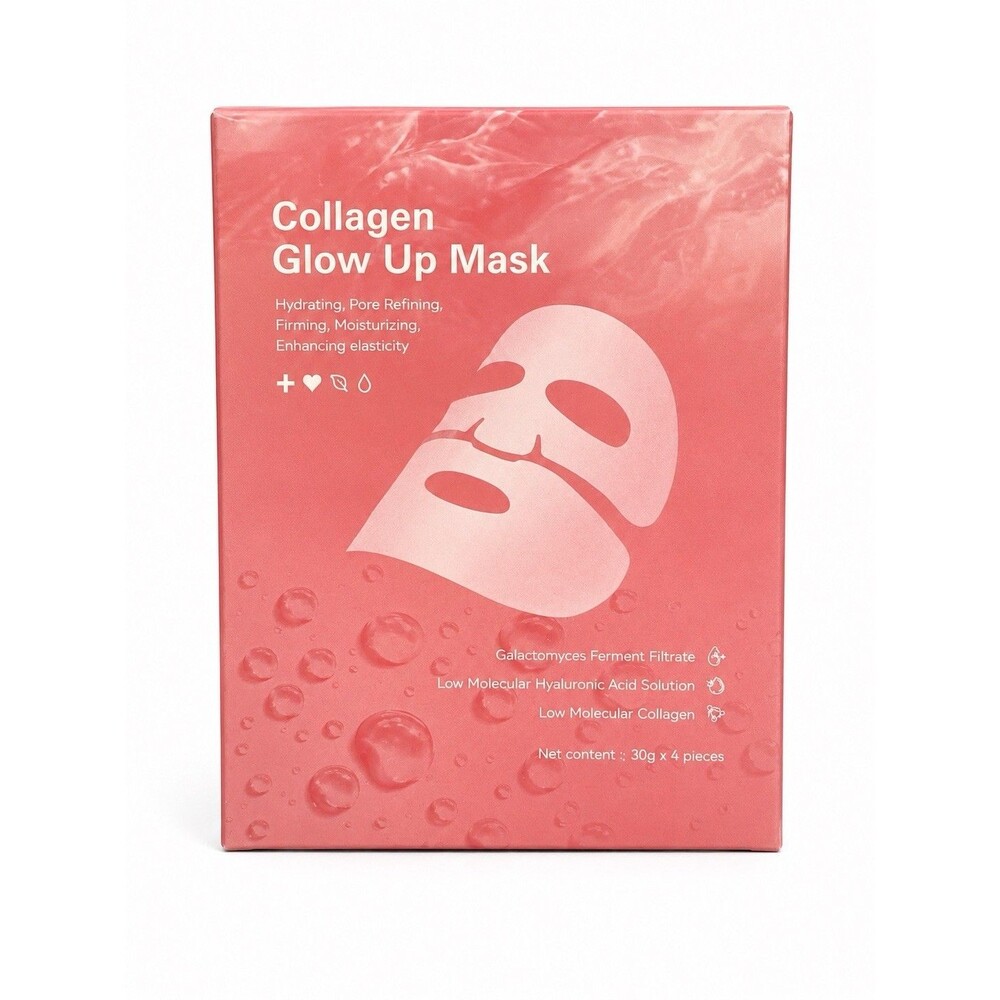 Collagen Glow Up Mask. 4 Pack. Hydrating Firming Hyaluronic Acid Sheet Masks